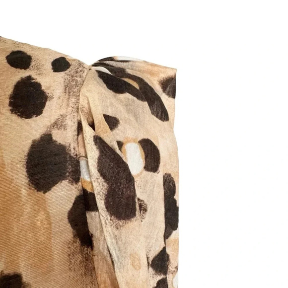 H&M Linen Blend Animal Print Puff Sleeve Top Beige Size S - Picture 5 of 11